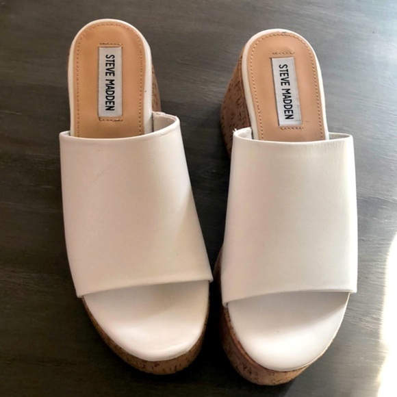 NEW Steve Madden Desiree white leather summer cork wedge platform slides size 7 - Picture 2 of 8